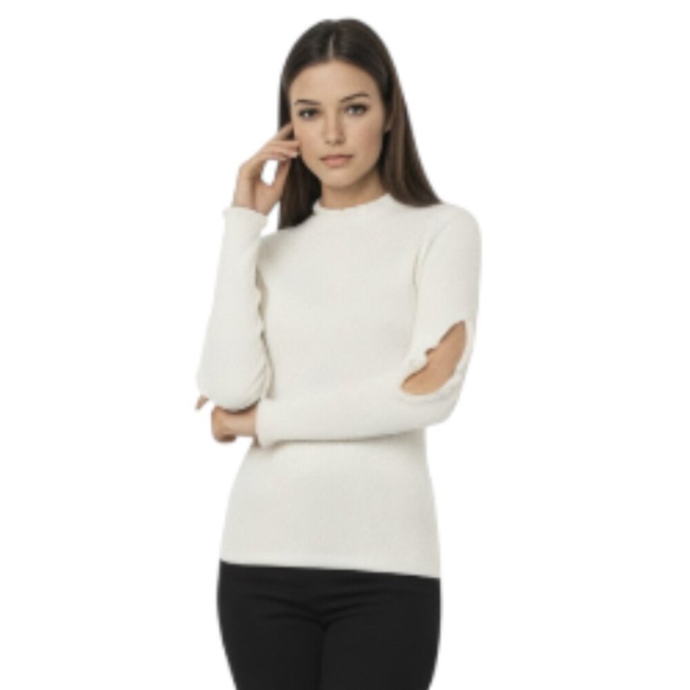 MSGM Small Fitted Long Sleeve Ribbed Ruffle Crewneck Long Cutout Sleeve Top